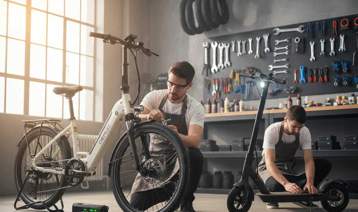 Zwei Männer warten E-Bike und E-Scooter in moderner Werkstatt mit Werkzeugwand