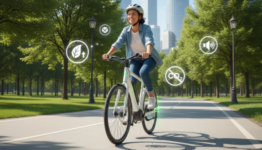 Frau fährt E-Bike durch Stadtpark, Symbole für Nachhaltigkeit und leise Elektromobilität