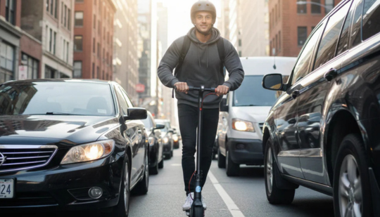 Mann mit Helm fährt E-Scooter zwischen Autos in der Stadt, Elektromobilität urban