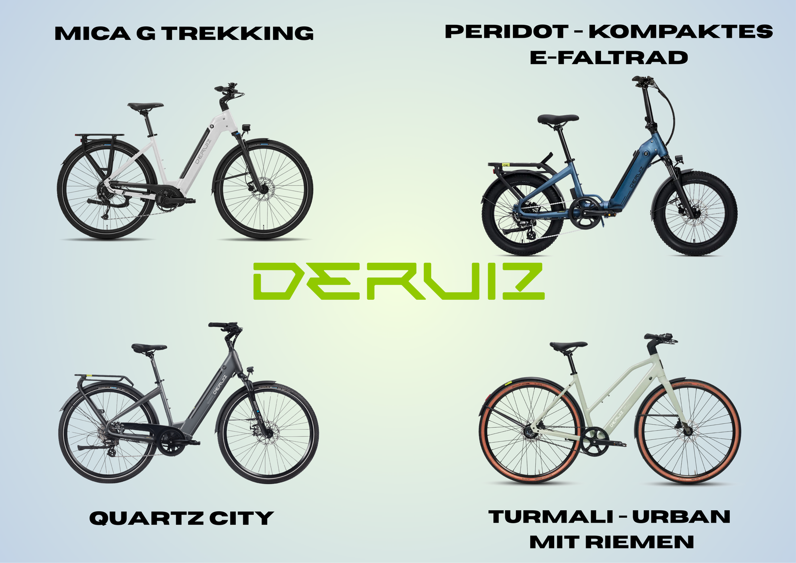 Vier verschiedene DéruiZ E-Bikes: Trekking-, Kompakt-, City- und Urban-E-Bike auf hellem Hintergrund.