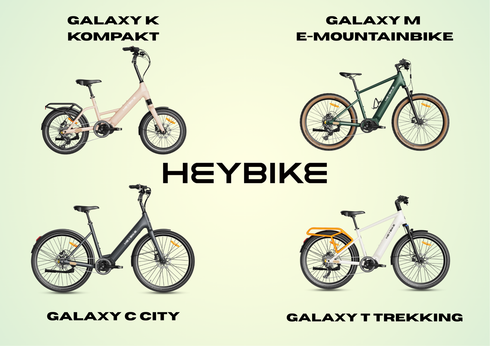 Vier verschiedene Heybike E-Bikes: Kompakt, E-Mountainbike, City und Trekking Modell.