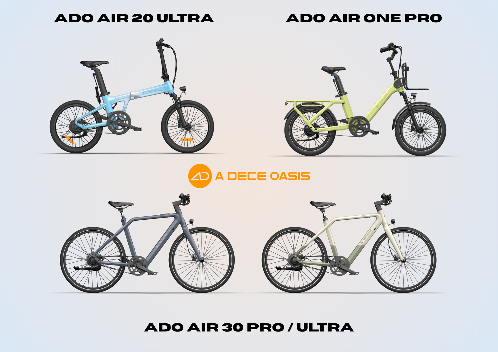 Vergleich von vier E-Bike-Modellen, ADO AIR 20 ULTRA, ADO AIR ONE PRO und ADO AIR 30 PRO/ULTRA, seitlich sichtbar, modernes Design.