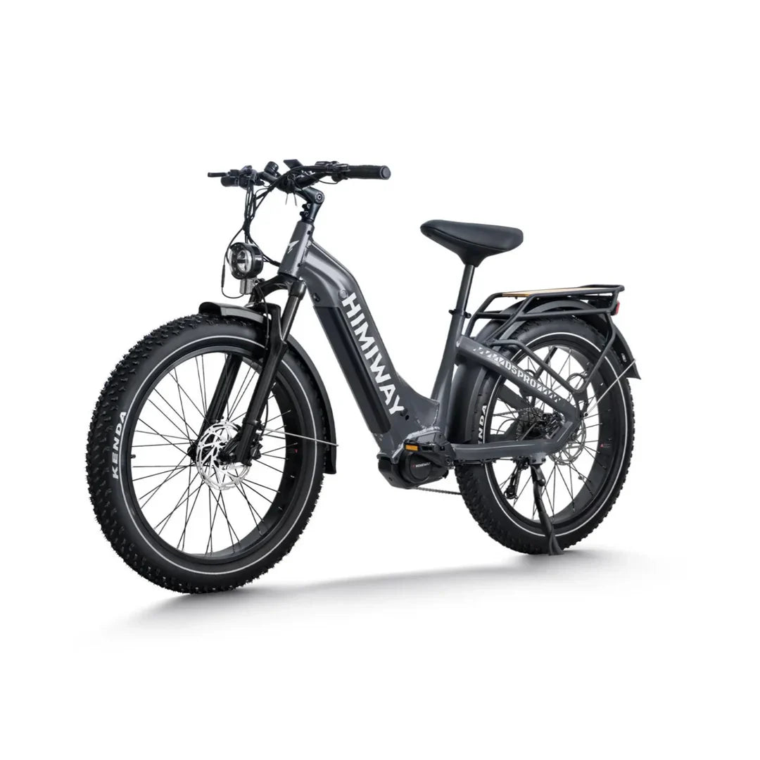 Schwarzes E-Bike mit breiten Reifen, Tiefeinstieg und Gepäckträger auf weißem Hintergrund.