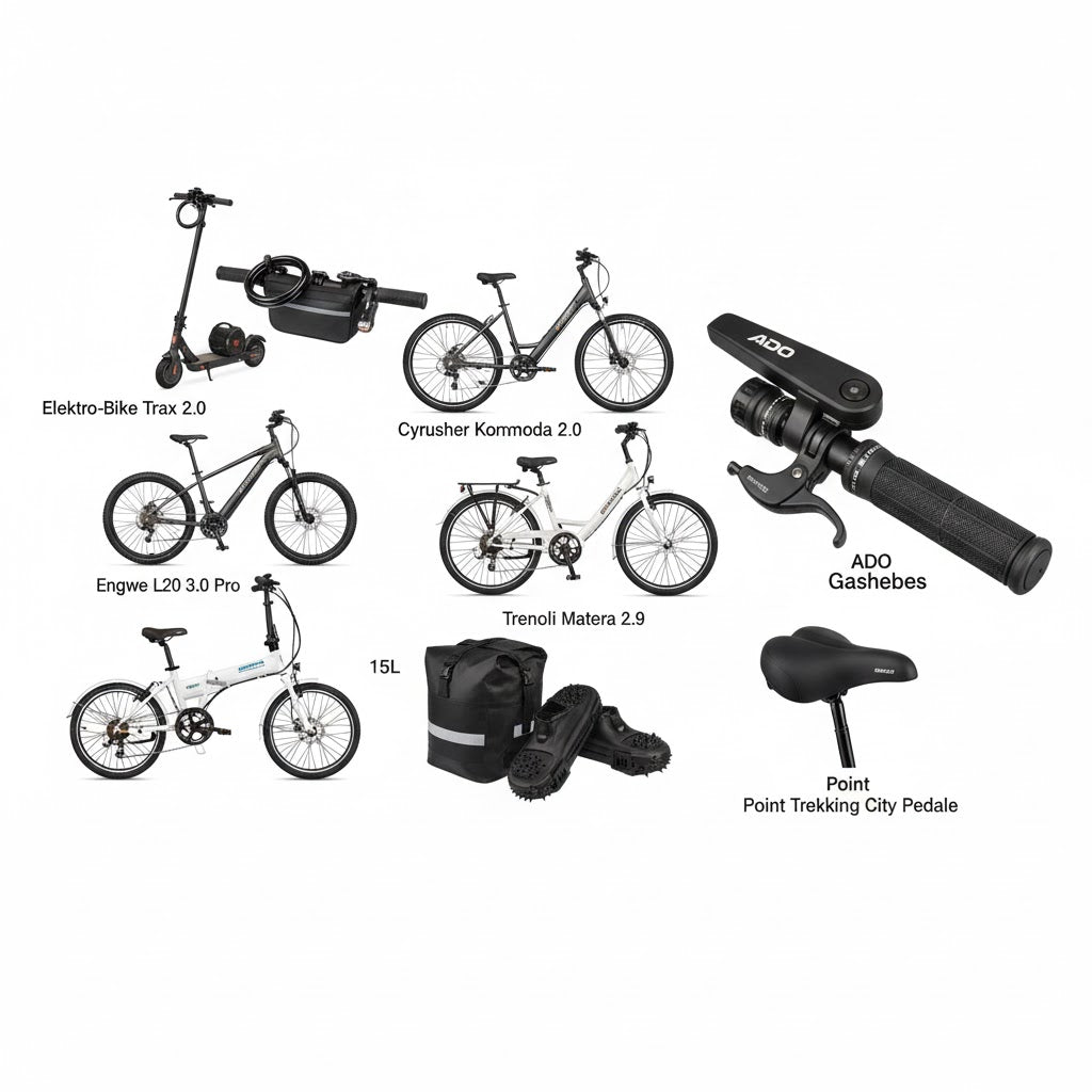 Übersicht verschiedener E-Bikes, E-Scooter und Zubehör wie Sattel, Pedale, Tasche und Gashebel auf weißem Hintergrund.