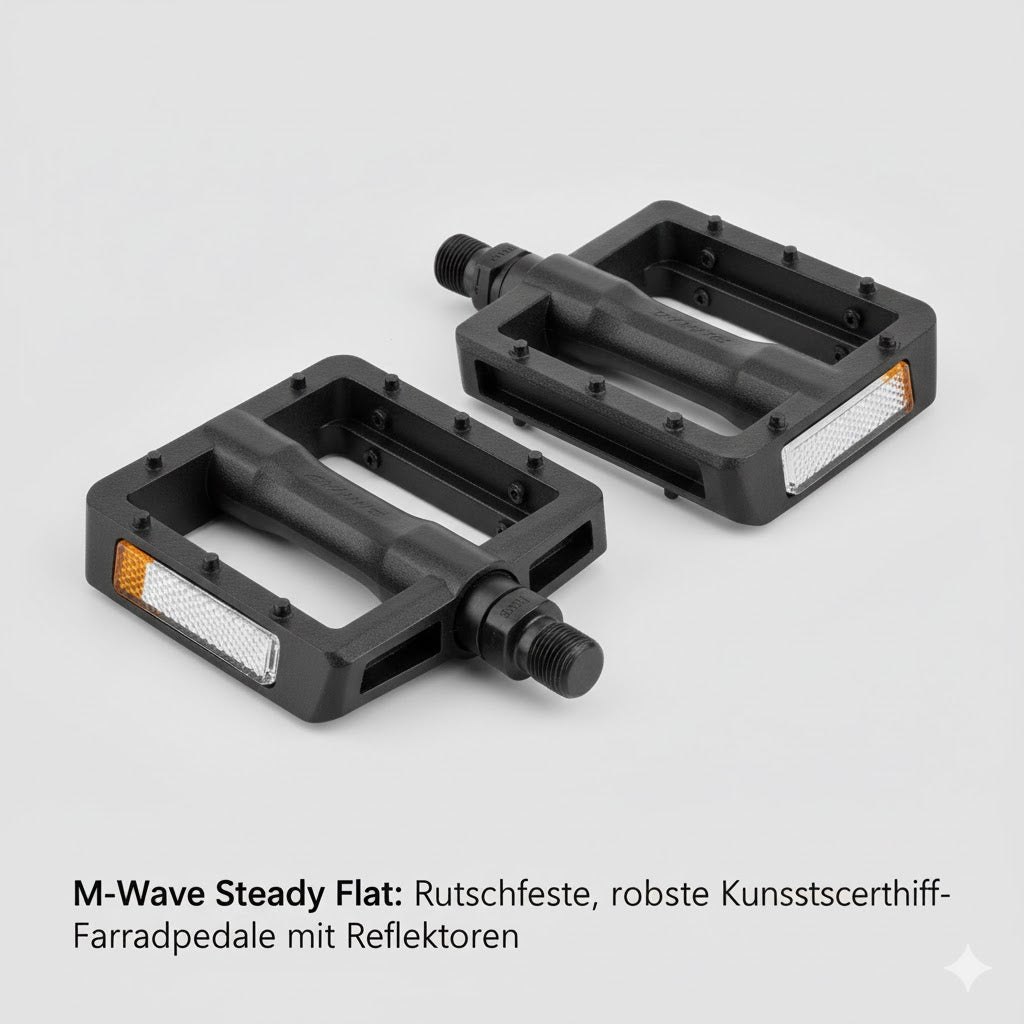 Schwarze Kunststoff-Fahrradpedale mit Reflektoren, ideal für E-Bikes und E-Scooter.