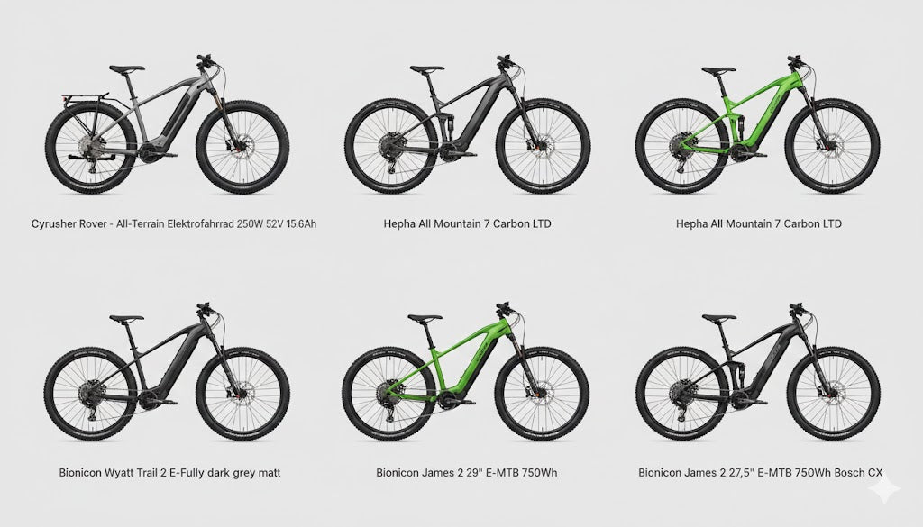 Sechs moderne E-Bikes und E-Mountainbikes verschiedener Modelle vor weißem Hintergrund.