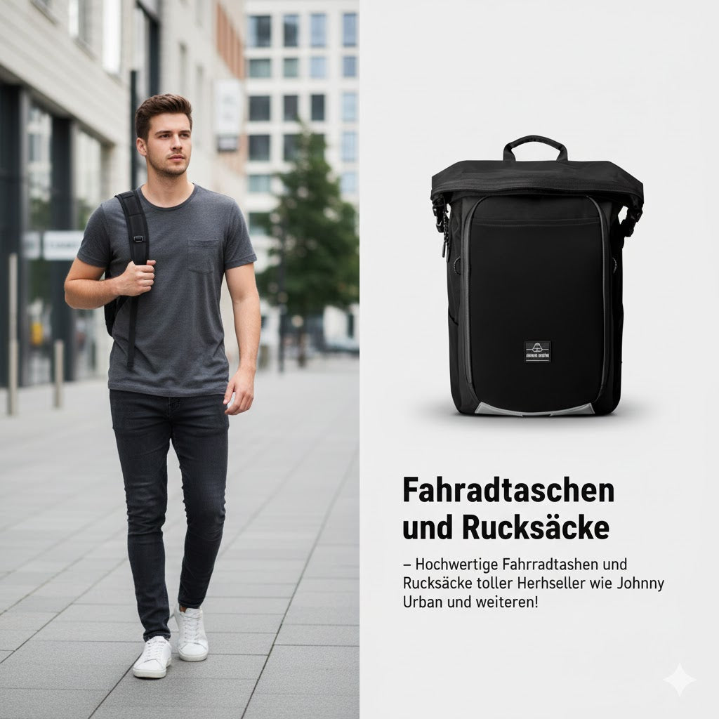 Junger Mann trägt modernen schwarzen Rucksack in urbaner Umgebung, daneben Fahrradrucksack vor weißem Hintergrund.