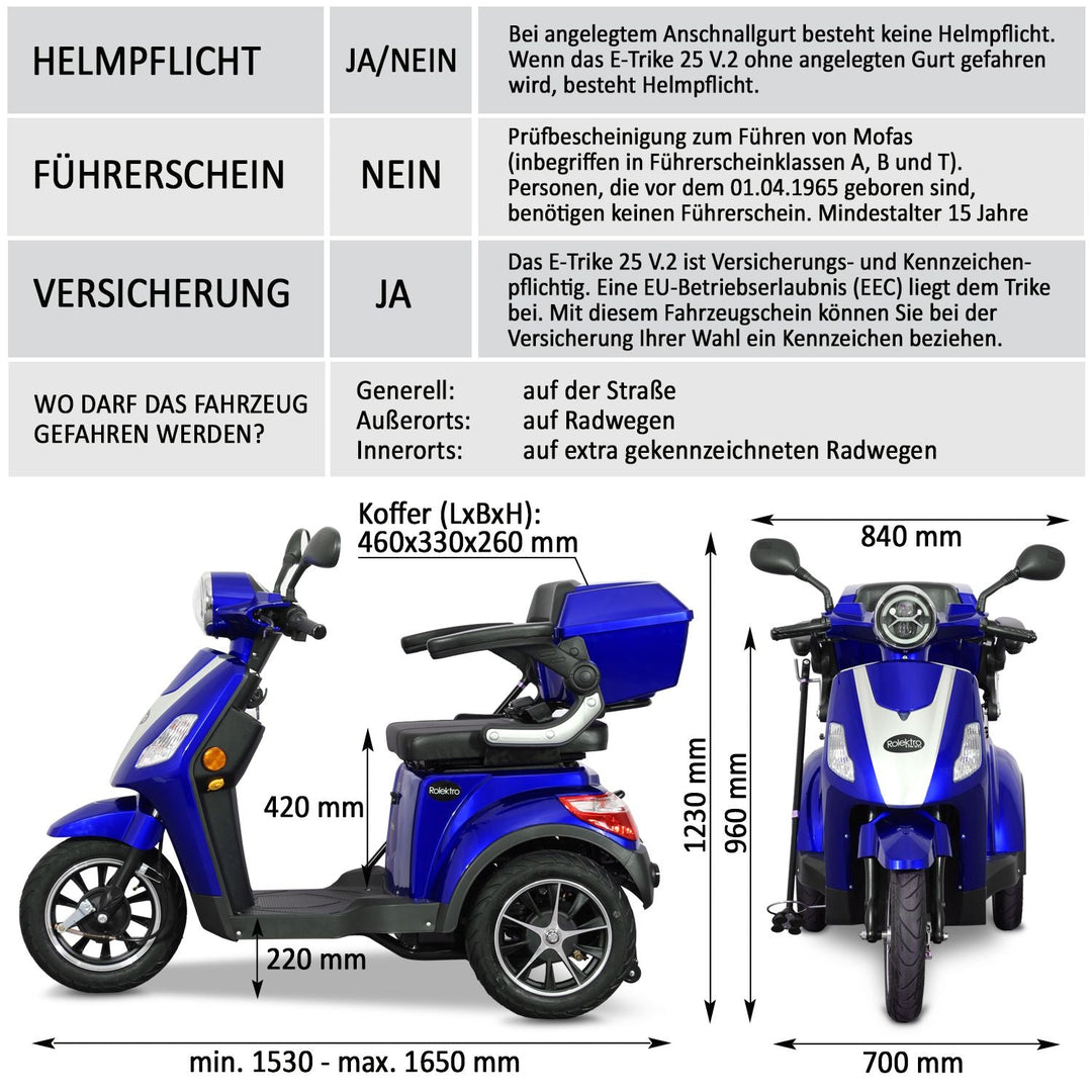 Rolektro E-Trike V3 Seniorenmobil - bis zu 25km/h, Lithium-Akku