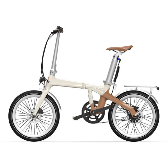 Modernes E-Bike in Beige und Braun, Klapprahmen, Federsattel, Scheibenbremsen, seitliche Ansicht