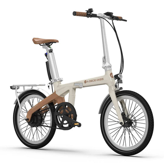 Modernes klappbares E-Bike in Beige-Braun mit Gepäckträger und Federung, Seitenansicht