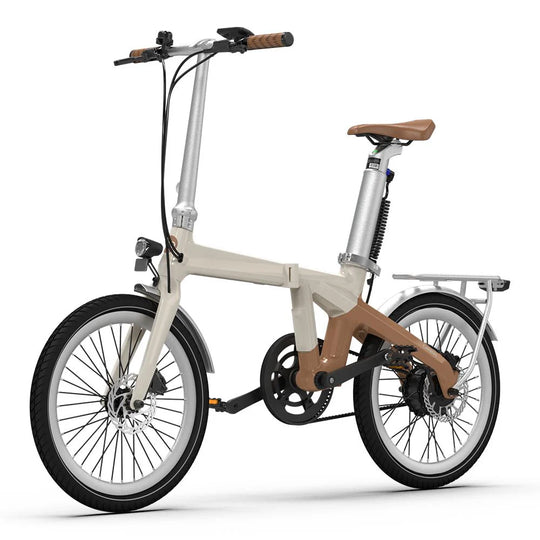 Modernes, klappbares E-Bike in Beige-Braun mit Mittelmotor, Federung und Gepäckträger