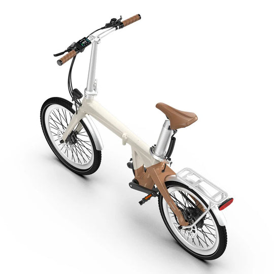 Modernes Elektro-Klapprad in Beige mit braunem Sattel und Display für urbane Mobilität