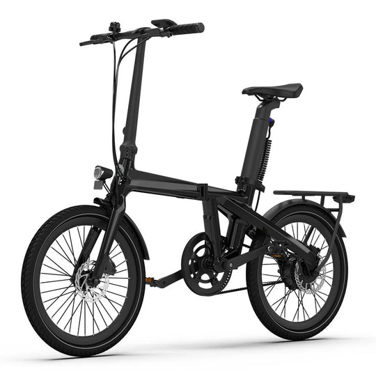 Schwarzes E-Bike, klappbar, mit Gepäckträger und Federung, seitliche Ansicht