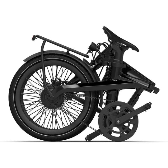 Schwarzes, kompaktes, zusammengefaltetes E-Bike mit großem Hinterrad und Klapprahmen.