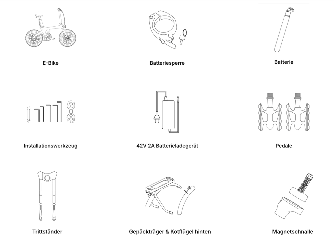 E-Bike Zubehör Übersicht: Falt E-Bike, Batterieladesperre, Akku, Werkzeug, Ladegerät, Pedale, Ständer, Gepäckträger, Magnetverschluss.