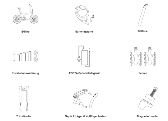 E-Bike Zubehör Übersicht: Falt E-Bike, Batterieladesperre, Akku, Werkzeug, Ladegerät, Pedale, Ständer, Gepäckträger, Magnetverschluss.